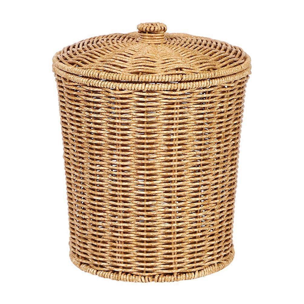 Round Rattan Waste Basket with Lid, Woven Wicker Storage Basket for Bathroom, Portable Container for Clothes and Small Items
