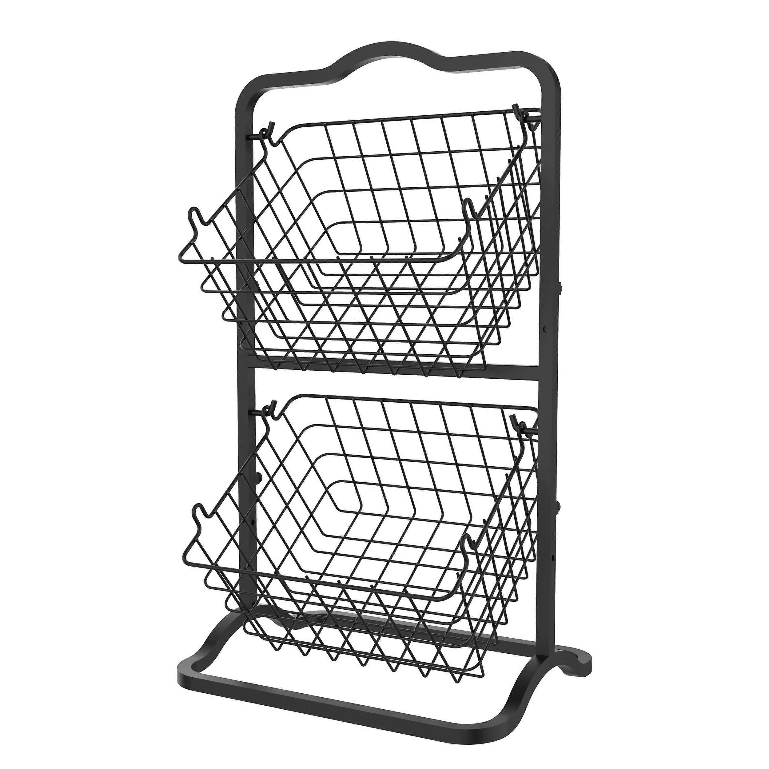 2-Tier Storage Kitchen Wire Basket Stand for Kitchen Organization in Black