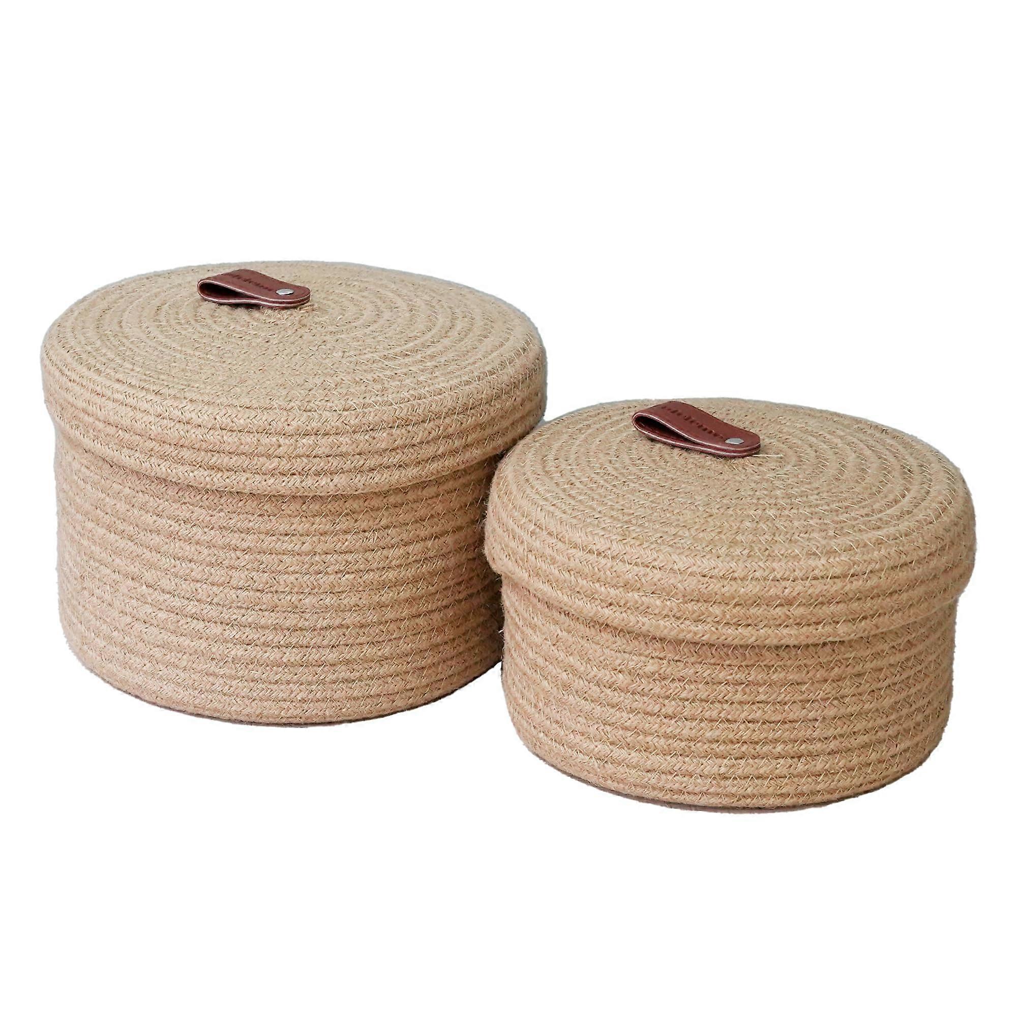 Jute Rope Basket with Lid Set of 2, Decorative Woven Storage Baskets, Leather Design Round Baskets, Small 10"x6" & 8.5"x5" Sizes