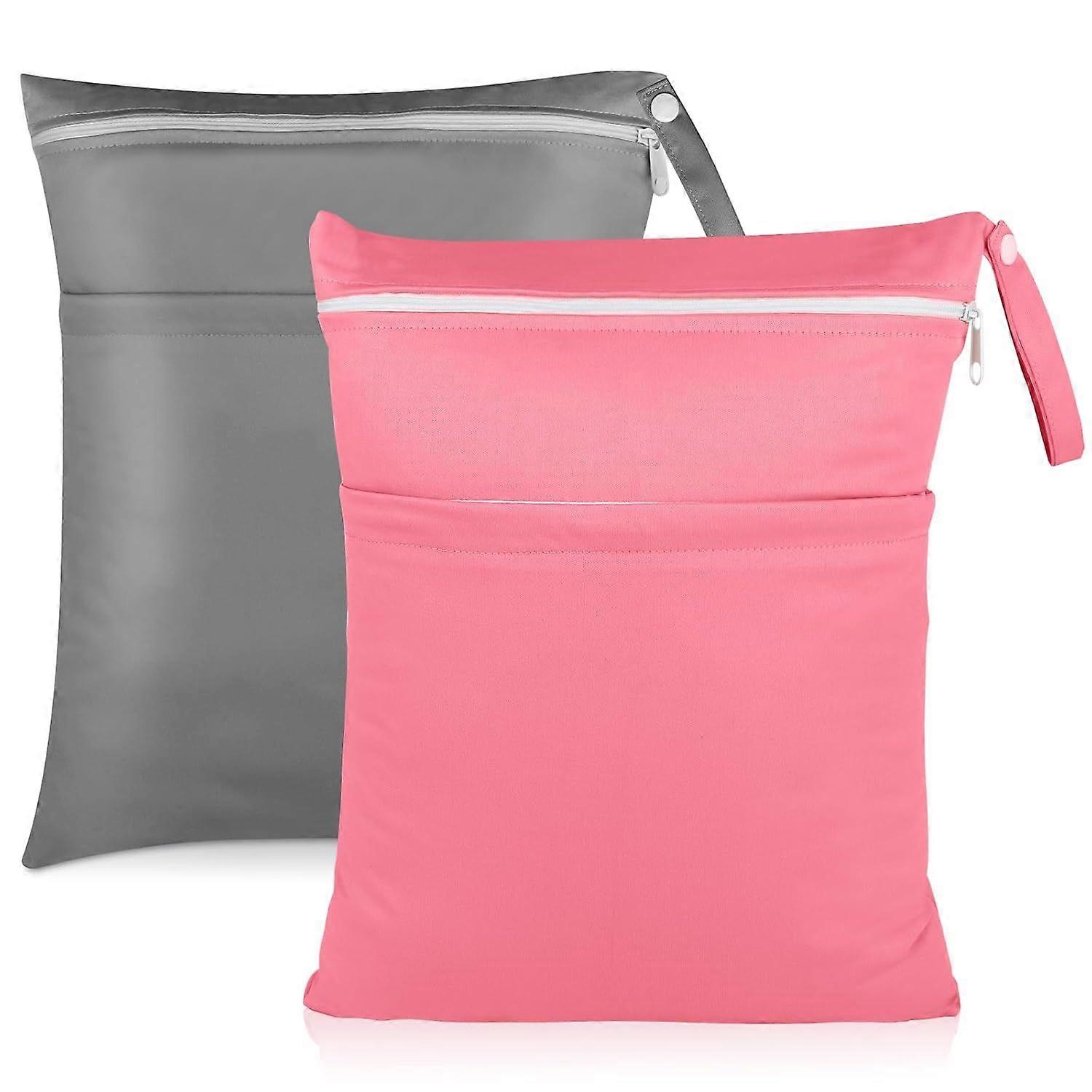 Waterproof Wet & Dry Bag - Dual Zipper Pockets for Swimsuits, Diapers and Gym Clothes | Reusable and Washable (Gray + Pink 2 Pack)