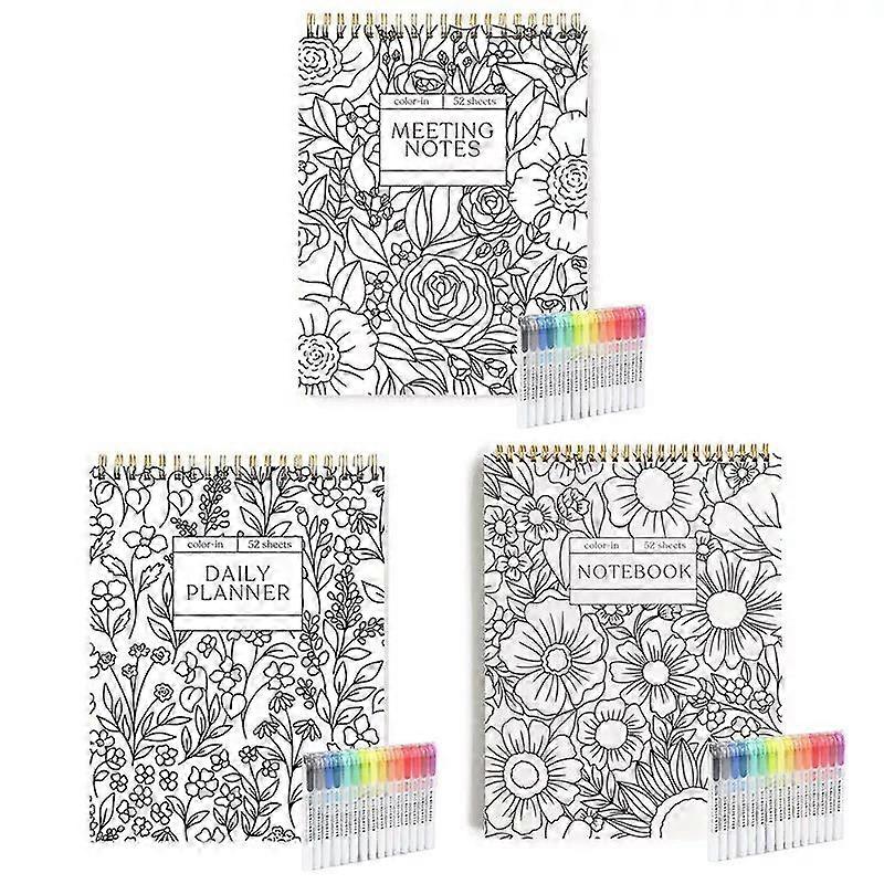 Color-In Spiral Notebook / Daily Planner / Meeting Notes Workbook With 15 Colors Marker Pen For Work School