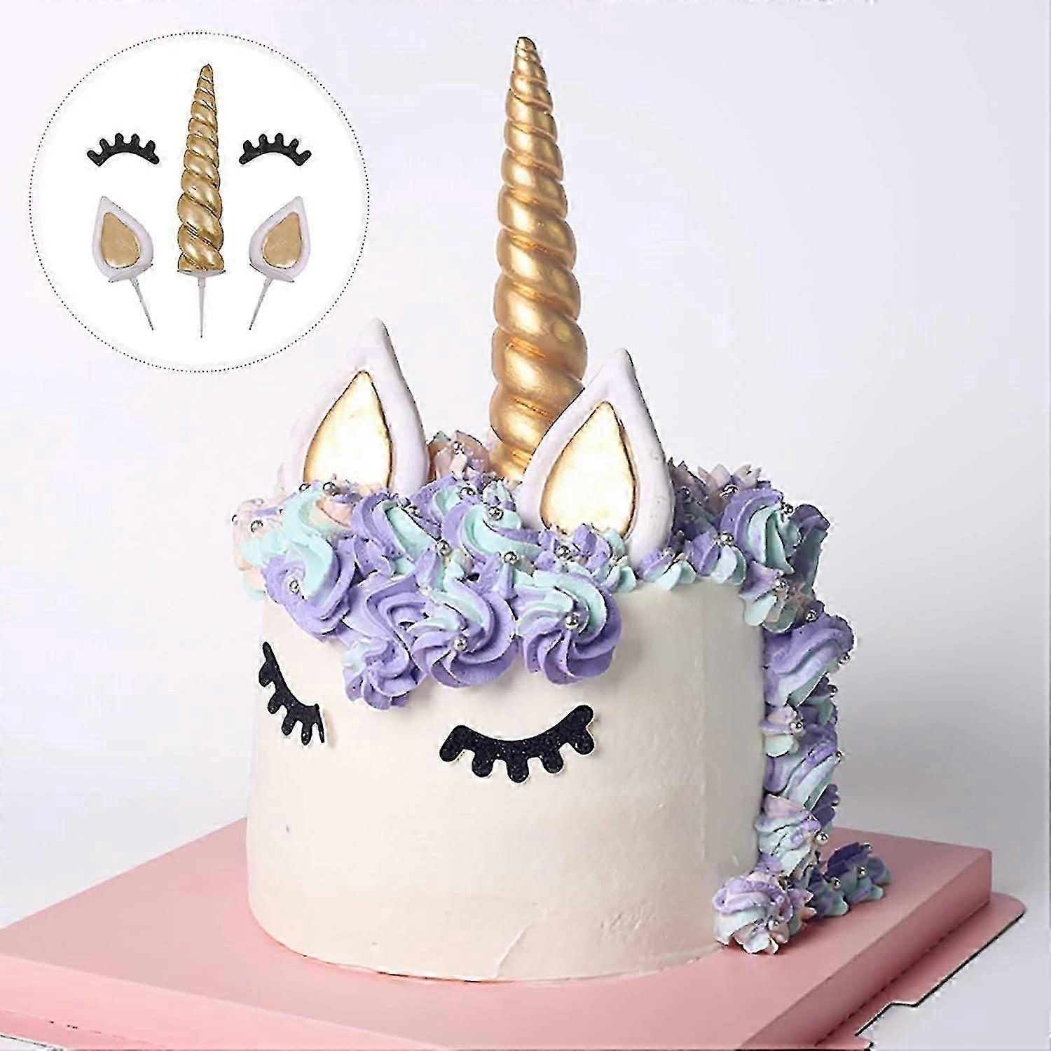 Unicorn Cake Topper, Handmade Gold Unicorn Cake Decoration Reusable Unicorn Horn, Ears And Eyelashes For Birthday, Baby Shower And Wedding Cake