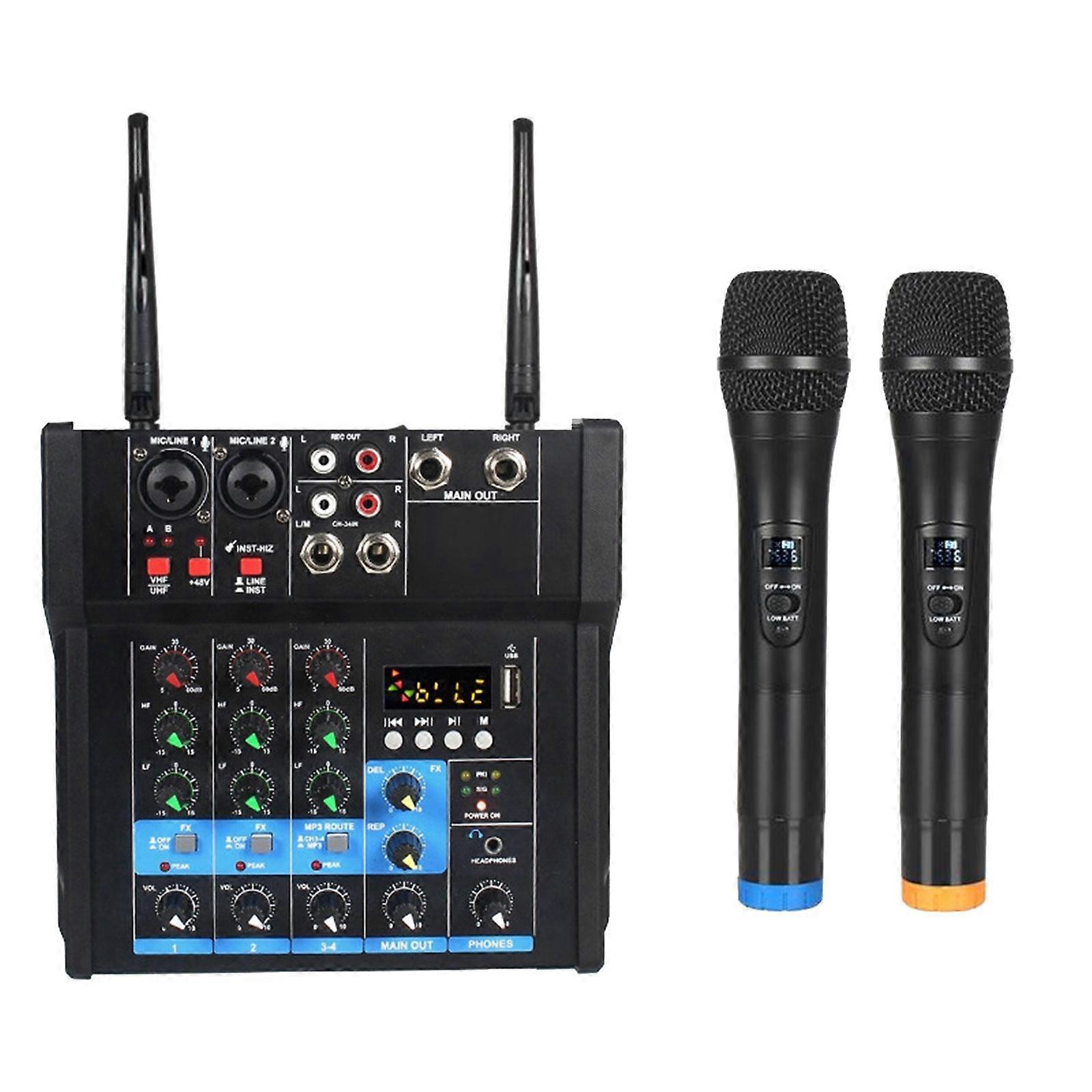4 Channel Audio Mixer with Dual Wireless Microphones for DJ Mixing Recording