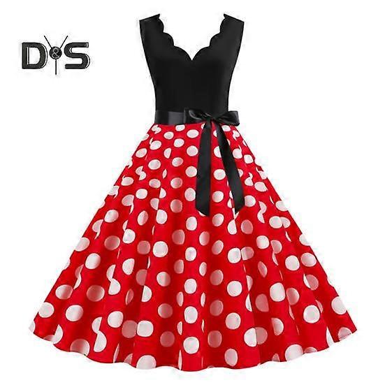 Women Midi Dress Flower Edge V Neck Lace Up Tight High Waist Bow Decor Sleeveless A-line Loose Hem Dot Print Retro 50s 60s Lady Backless Prom Party