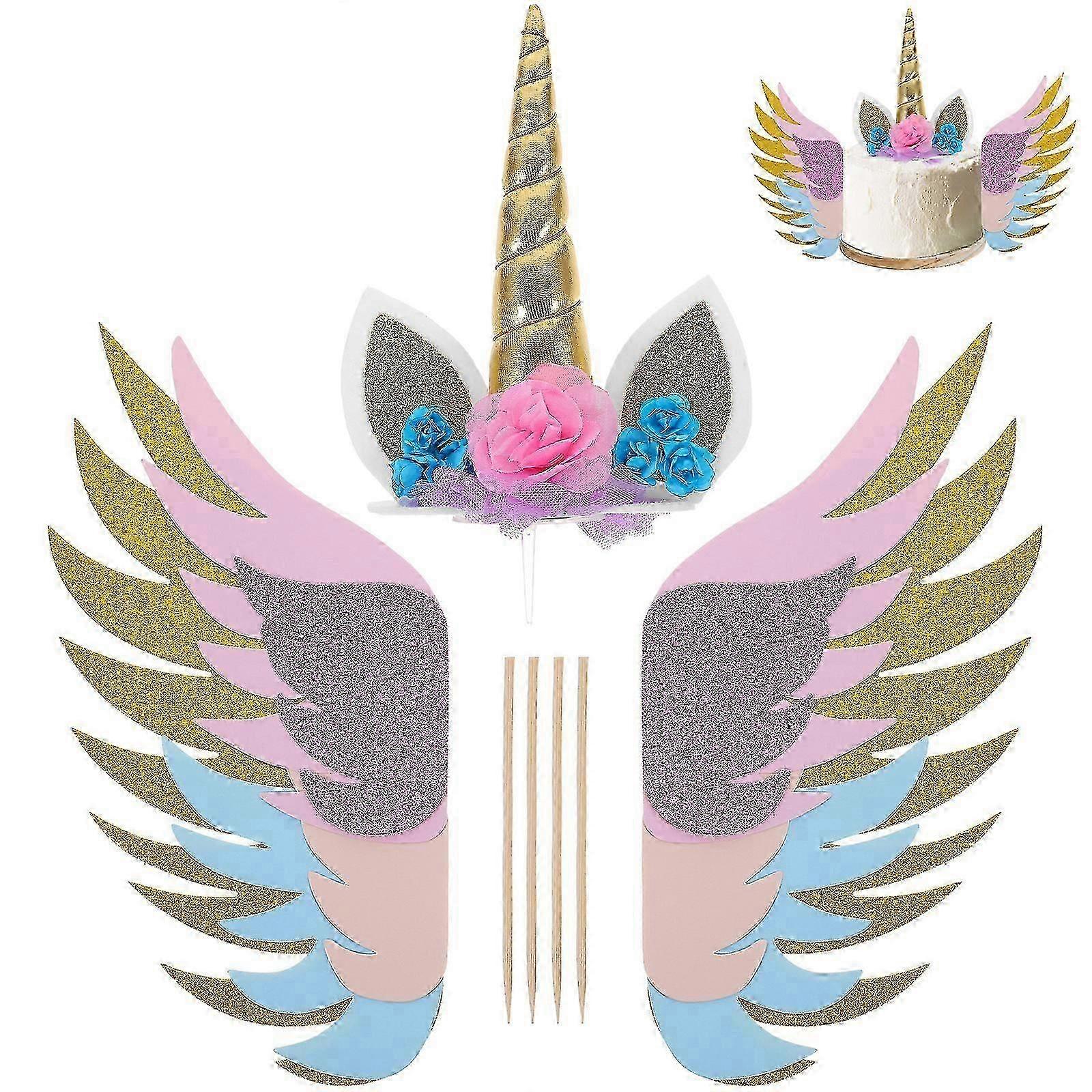 3 Pcs Glitter Paper Unicorn Wings Cake Cupcake Toppers Decoration (Unicorn Topper + 1 Pair of Wings)