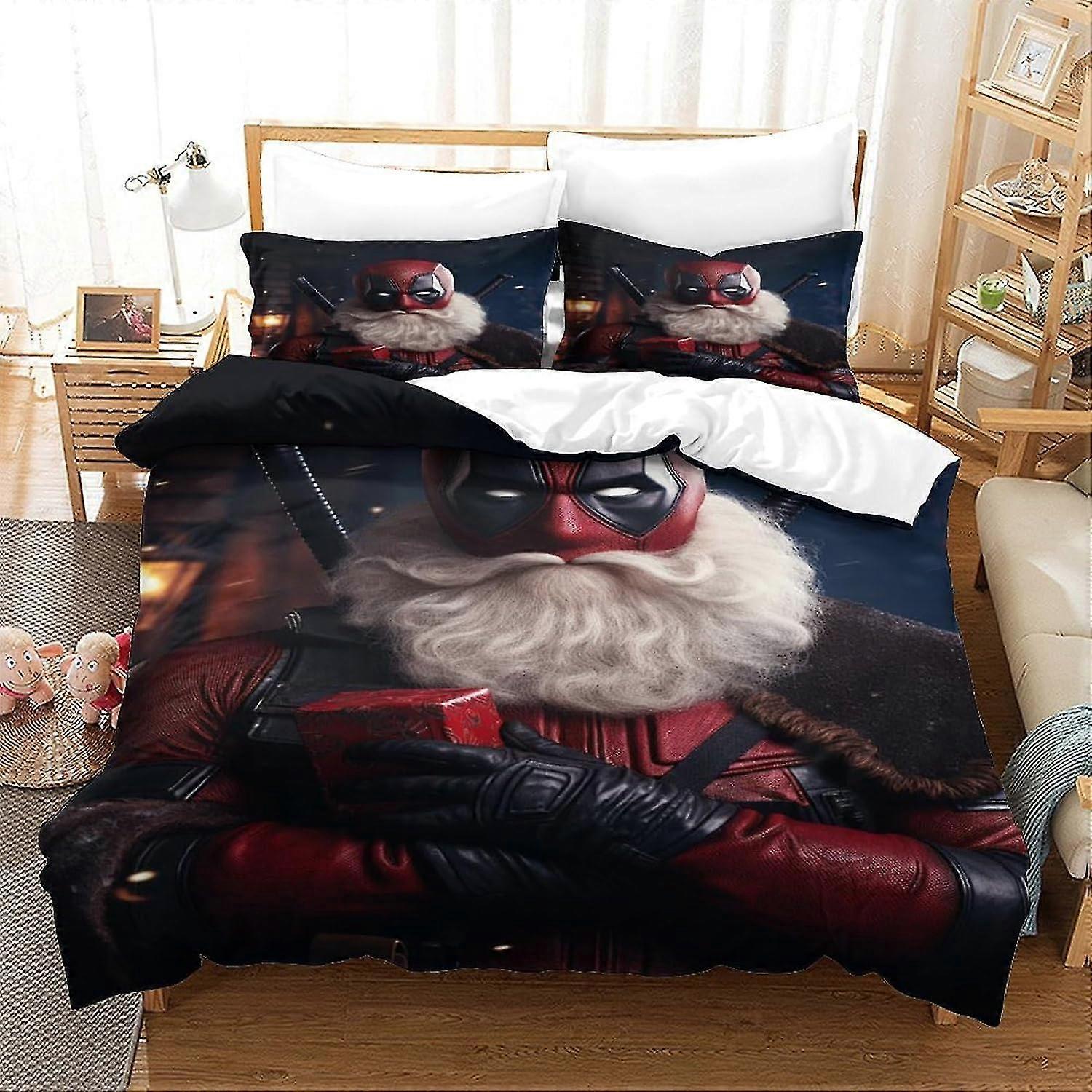 Deadpool Father Christmas Dimensional Printed Microfibre Duvet Cover and Sheet Set, Soft and Beautiful Microfibre Pillowcases with Invisible