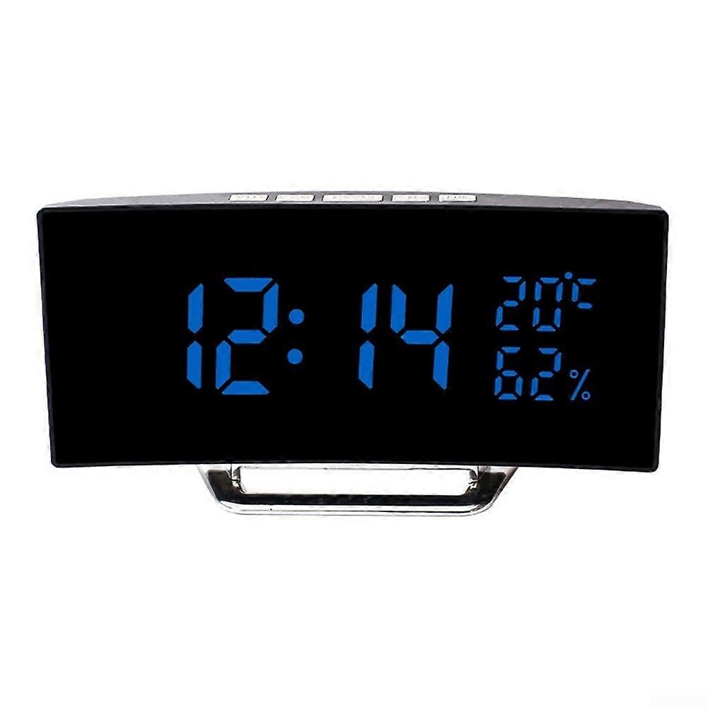 Curved Screen Mirror Alarm Clock with Weather Station, Wireless Indoor Outdoor Thermometer, Temperature Humidity Monitor - Blue