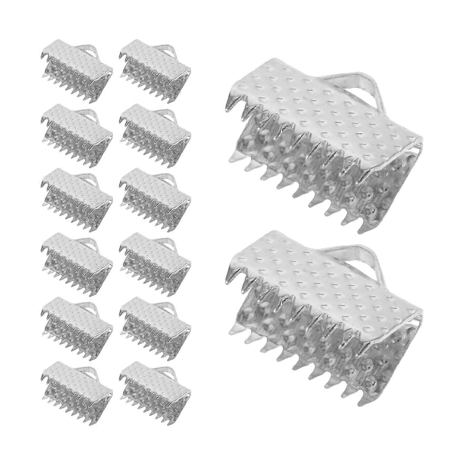 Textured Crimp End Clamps, 100pcs Metal Fastener Clasps for Jewelry Making, DIY Accessories, White for Ribbons, Laces and Crafts