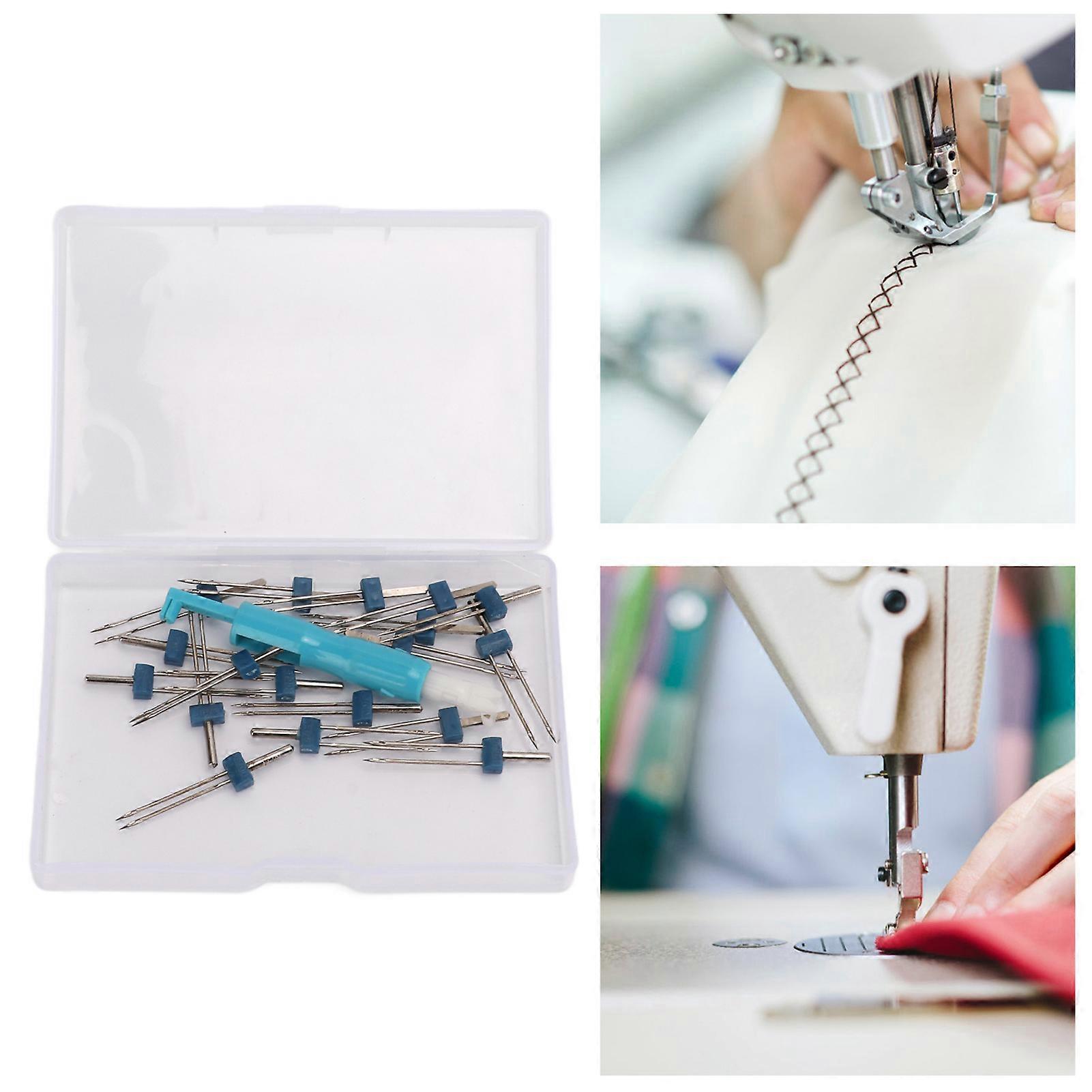 18Pcs Sewing Machine Double Needle Set Practical Design High Toughness Stainless Steel Double Needles Set with ThreaderBlue Threader 