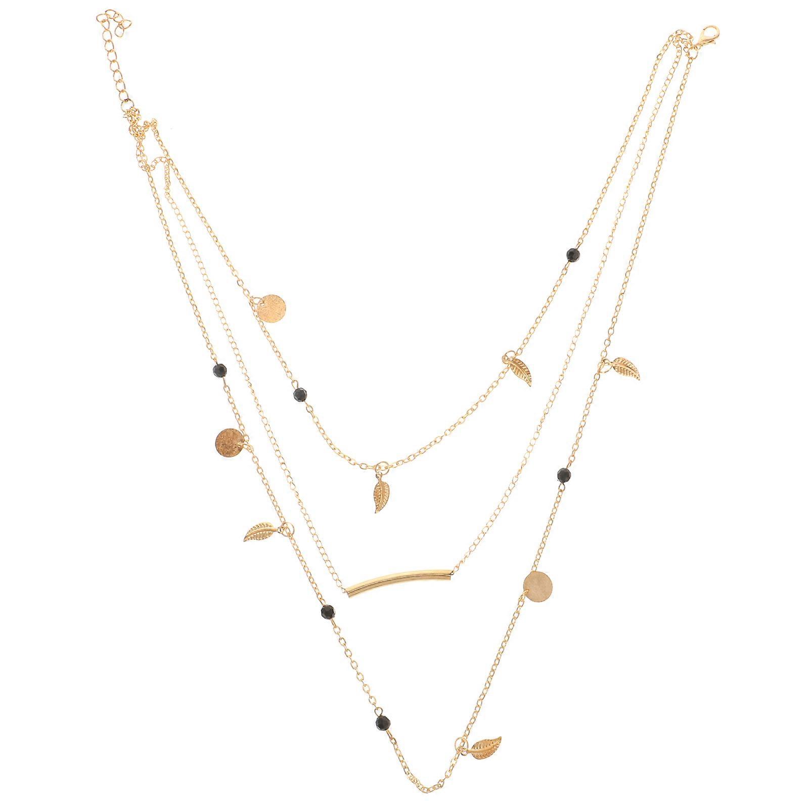 Alloy Leaf Necklace for Decoration Black Beads Pendant Multi-Layer Chain