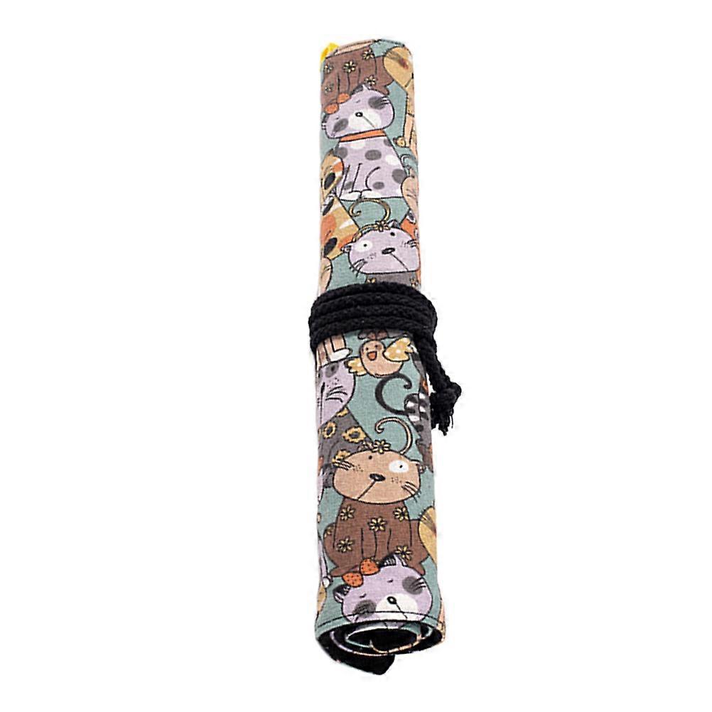 Cat Themed Large Paint Brush Holder Canvas Pencil Case with Multiple Slots for Stationery Cosmetics Washable Design for Students Artists