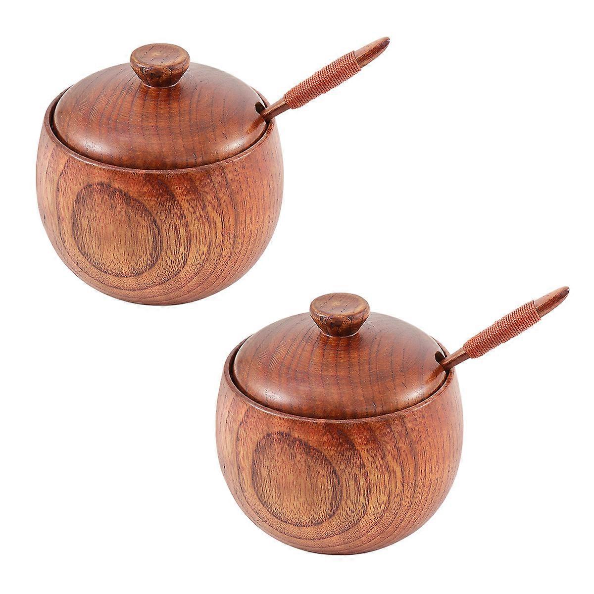 Wooden Spice Jar Kitchen Seasoning Organizer with Spoon for Coffee and Sugar Brown Nordic Style 2PCS Set