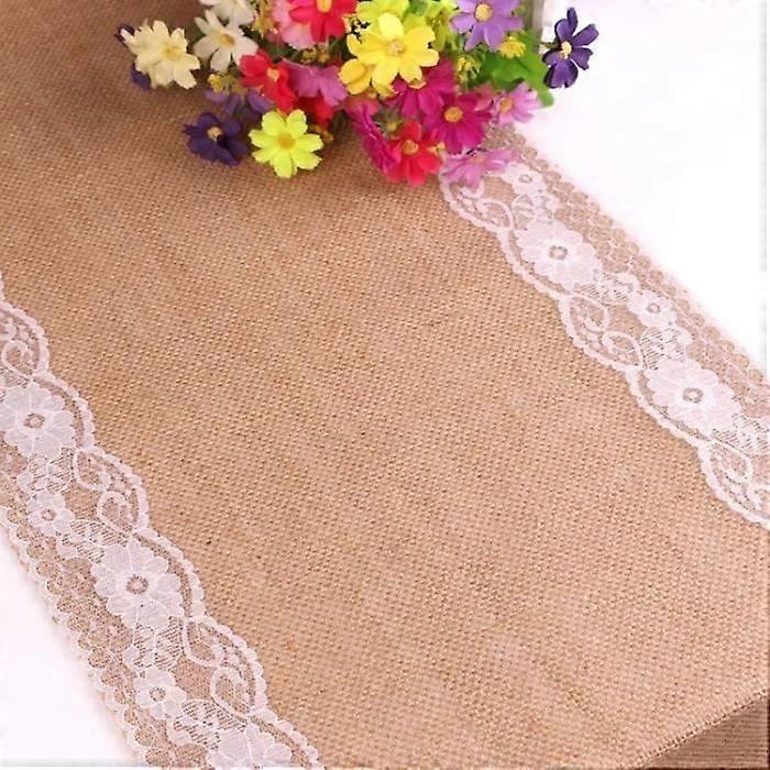 Table runner with embroidered lace exterior and burlap - Color:Wood-Kra