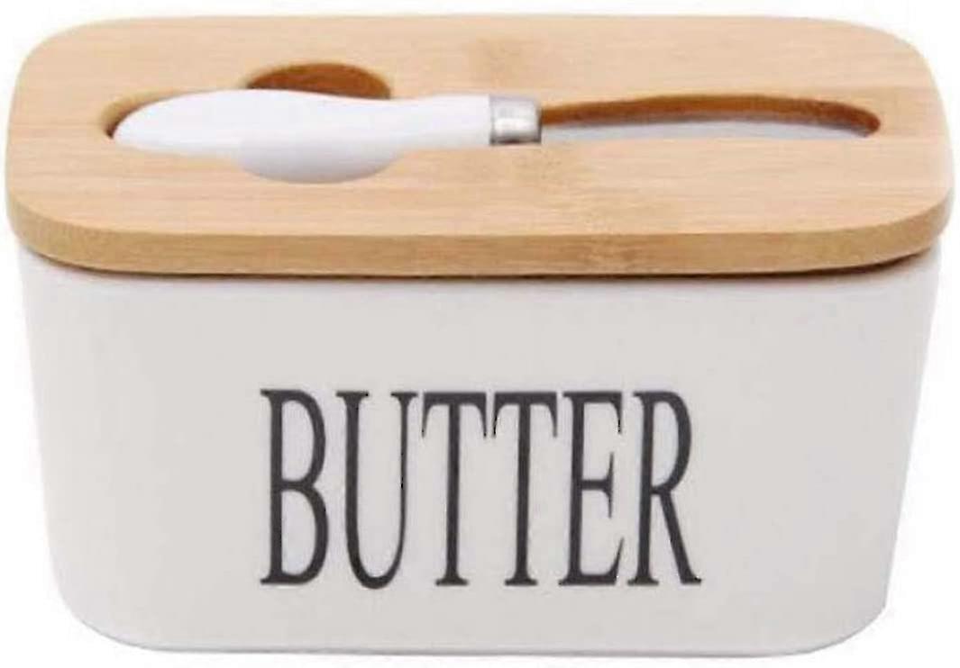 Butter Dish with Knife, Porcelain Butter Keeper with Bamboo Lid Perfect for 2 Sticks of Butter
