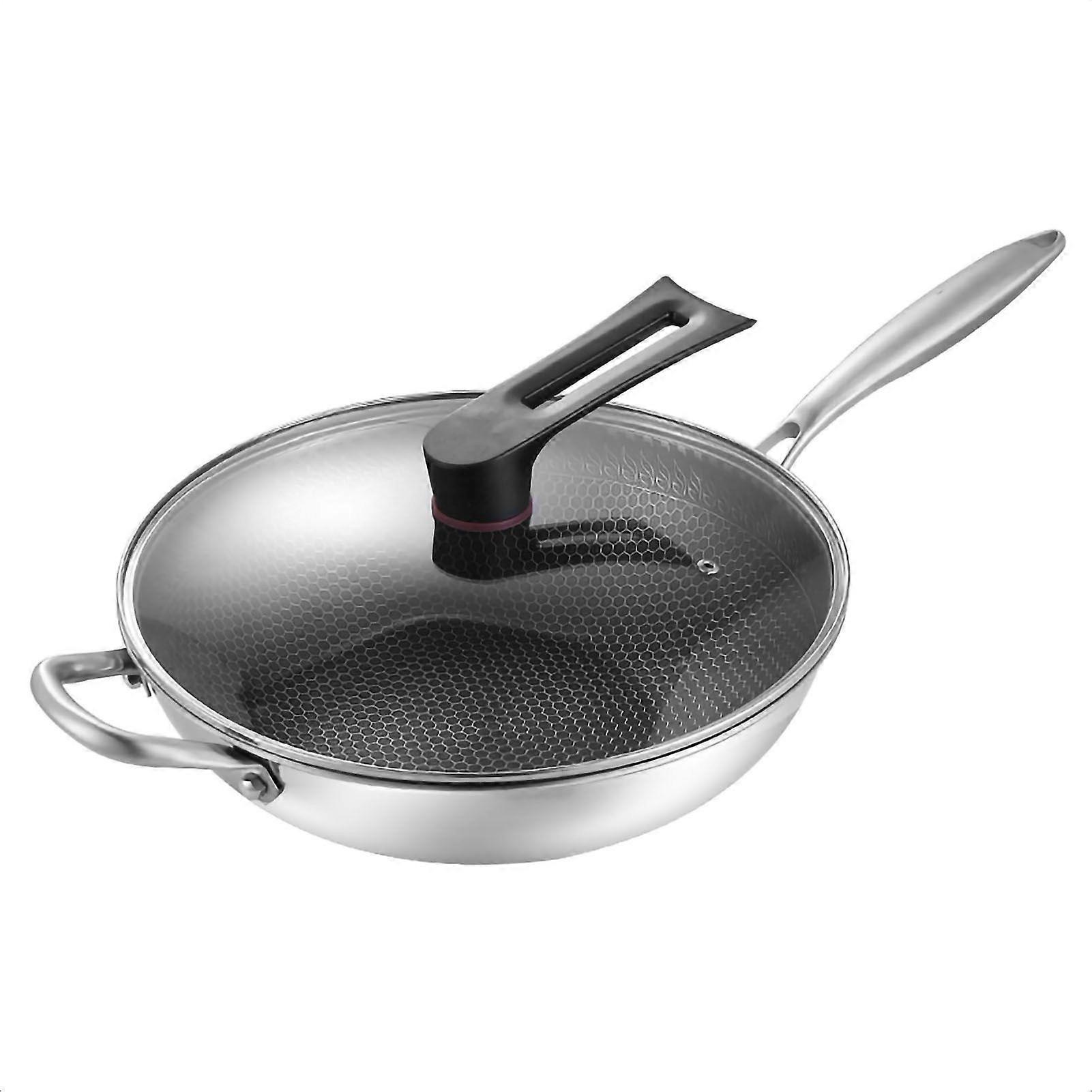 Stainless Steel Wok Pan Double Sided Honeycomb 3 Layer Prevent Sticking Easy Cleaning Wok for Kitchen 32cm/12.6in (with Cover and Ears)