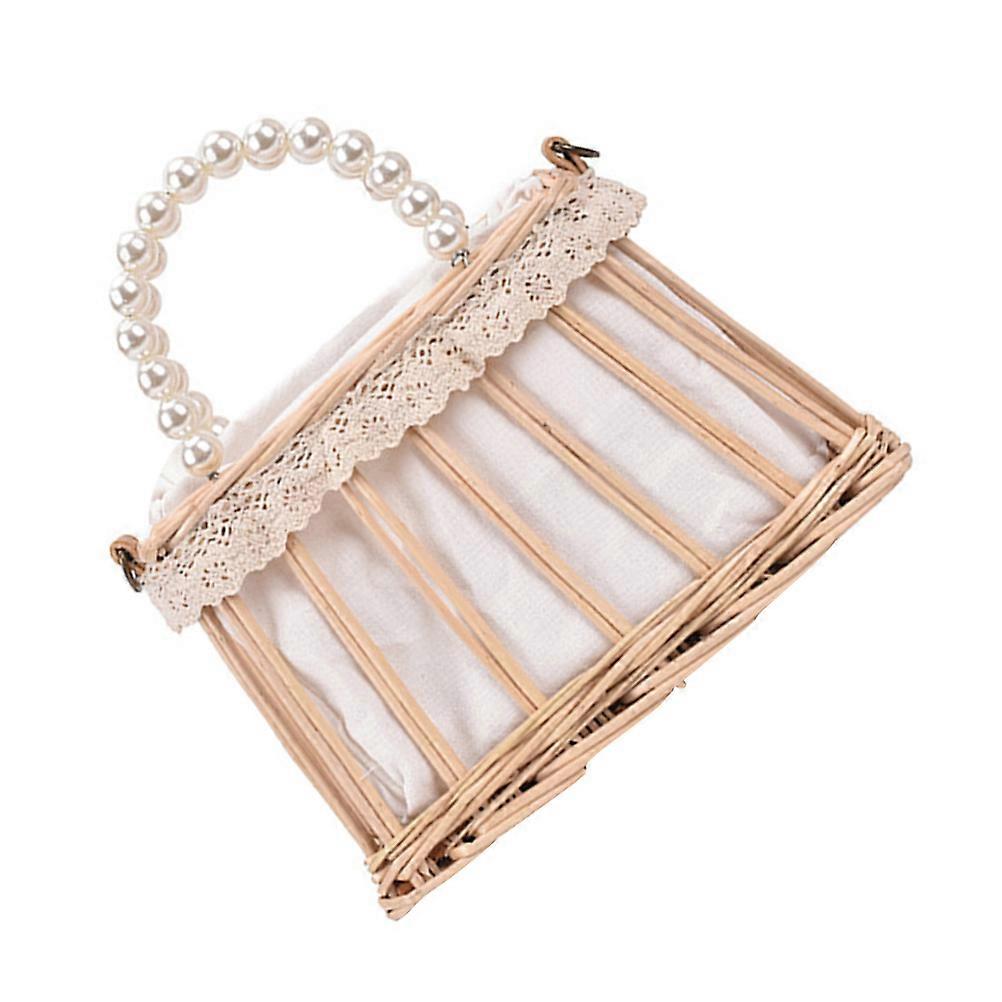 Square Pearl Straw Crossbody Bag for Storage Use 2Pcs Set