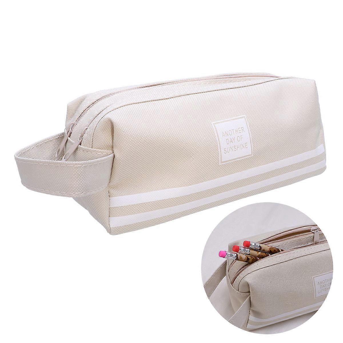 Portable Cosmetics Bag Double Layer for Storage Pen Pencil Case Beige