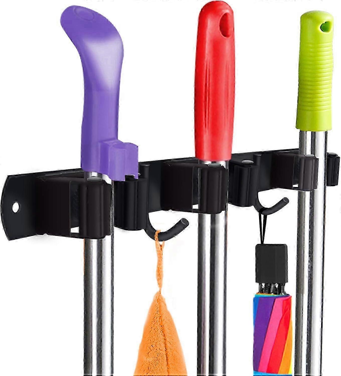 Wall Mounted Mop And Broom Holder - Heavy Duty Stainless Steel Rack With Utility Hooks, Adjustable Design And Multiple Storage Options For Laundry Roo