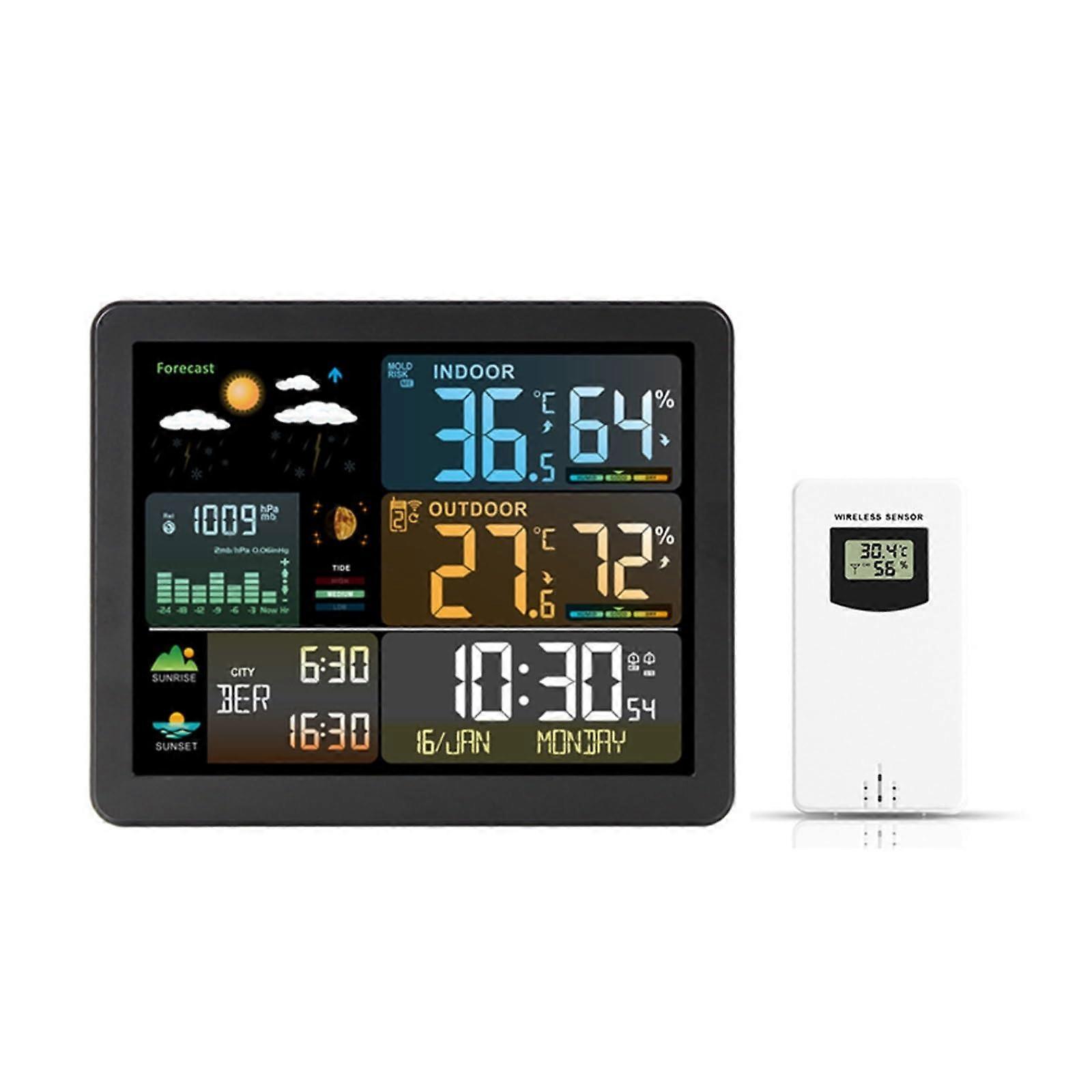 Thermohygrometer Weather Station Alarm Clock With Color Screen Sunrise Sunset Wireless Outdoor Sensor 2 White Sensors