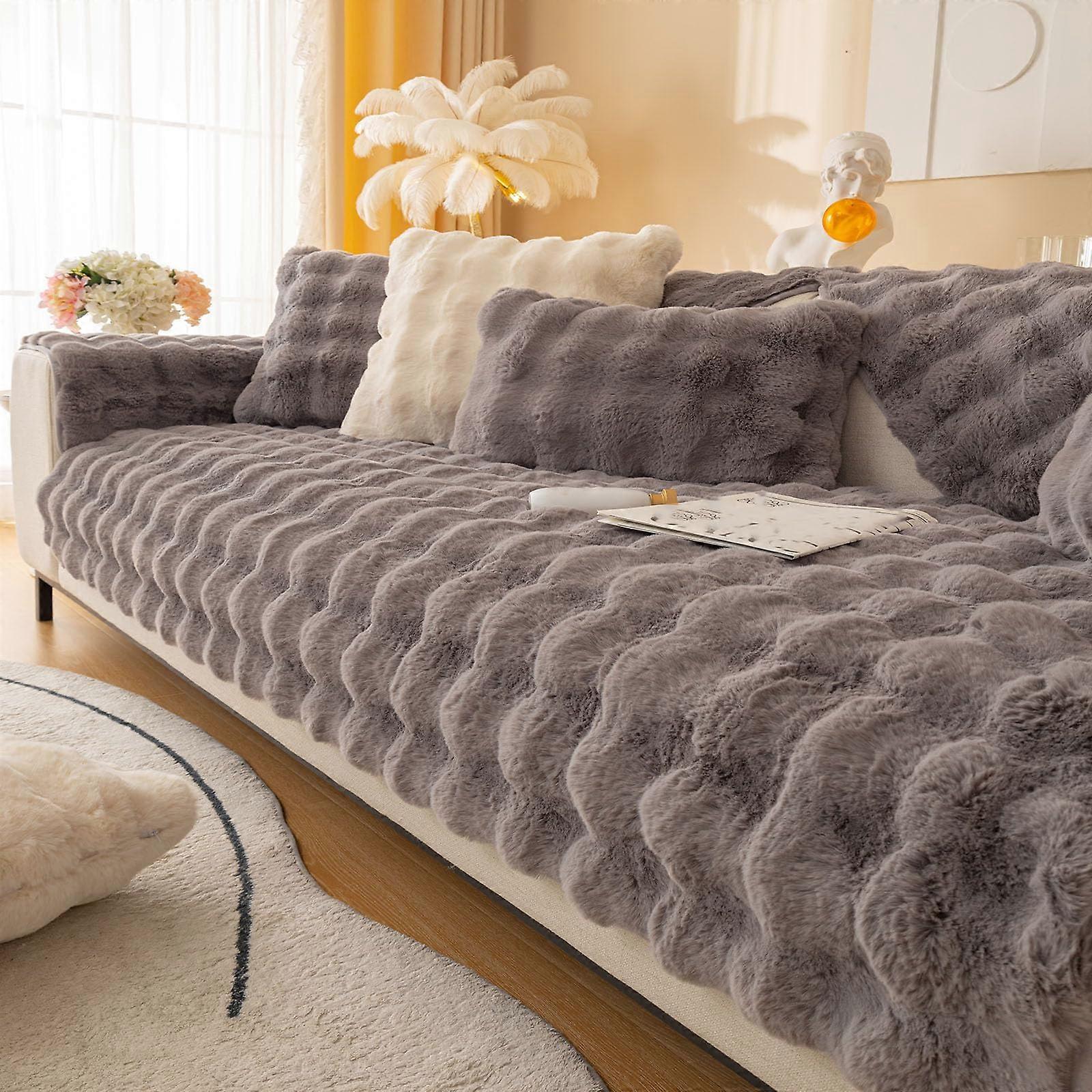 Rabbit Plush Sofa Cover for 1 2 3 Seater, Soft NonSlip Velvet Couch Protector for L Shape Corner, Dark Grey 70x120cm