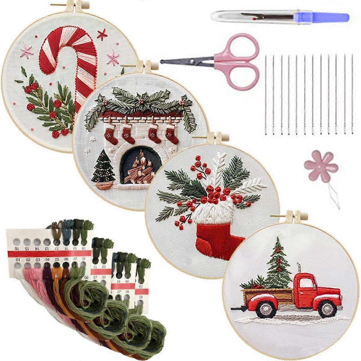 Christmas Embroidery Kit For Adults Beginners DIY Cross Stitch Kit With Christmas Elements Includes Hoop Cloth Needles Threads