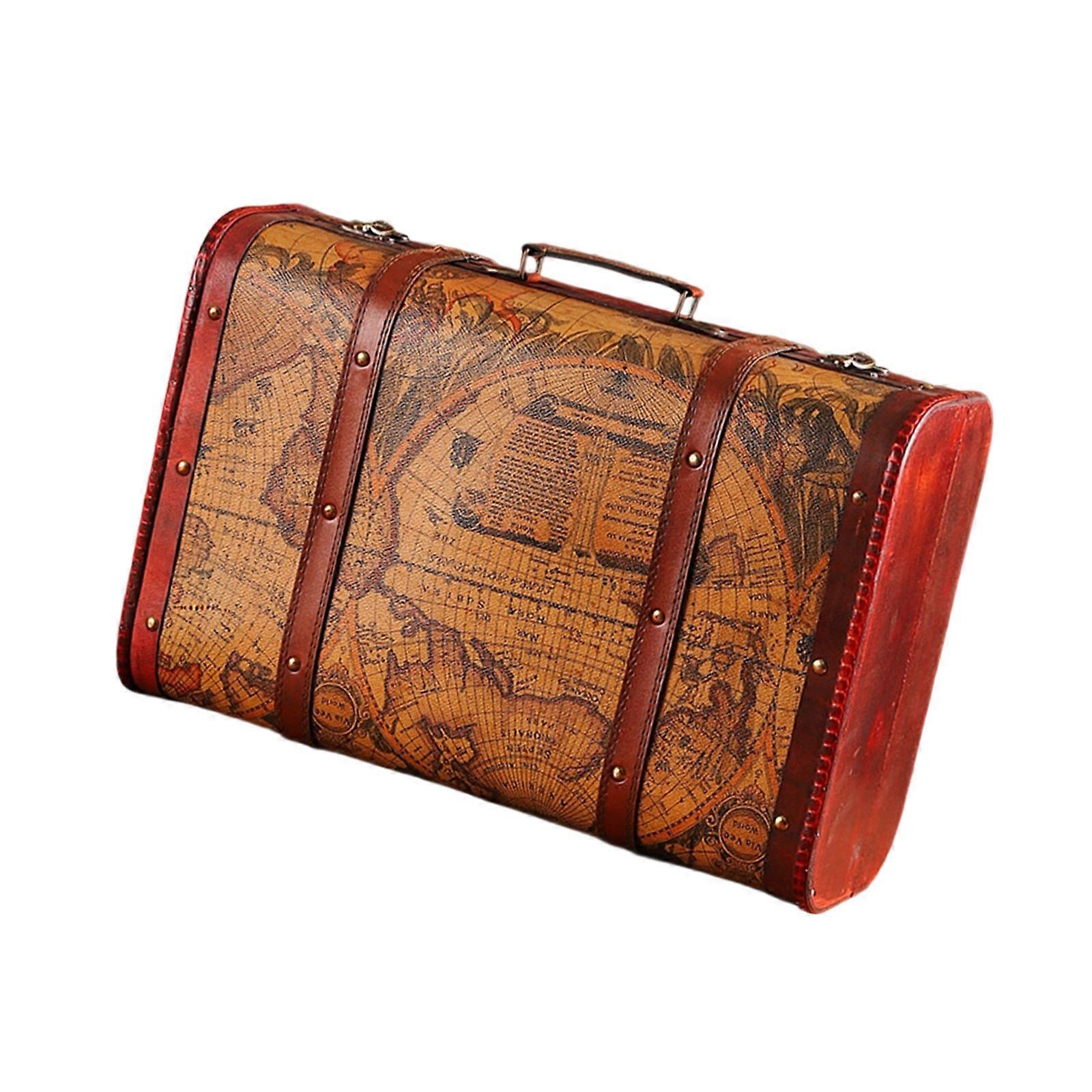 Multi Functional Wooden Chest with Faux Leather Handle Portable Carrying Case Home Decoration Travel Storage Solution Multicolor