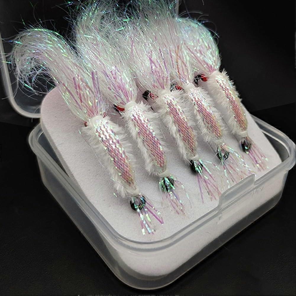 5 Pack Ice Shrimp Fishing Lures with 3D Eyes and Reflective Silk,  Carbon Hooks for Trout, Salmon, Bass, Carp (Size 6)