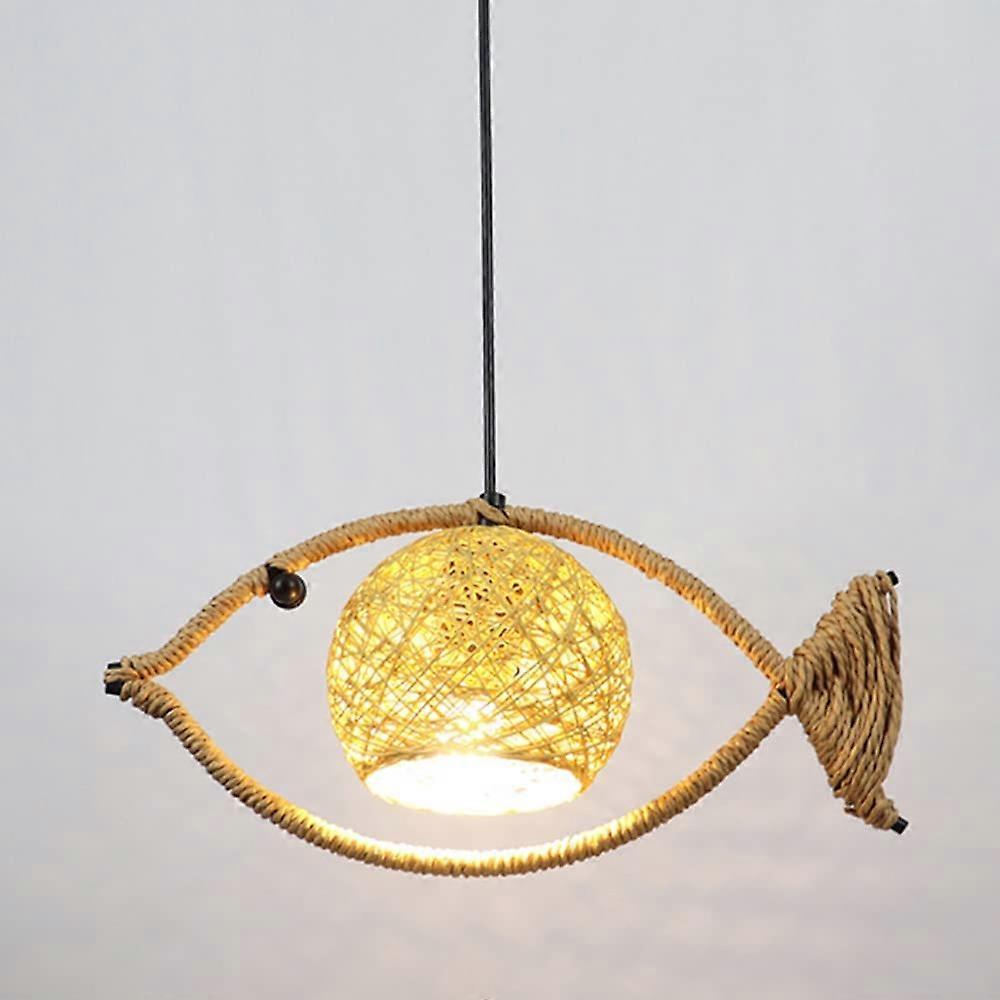 Fish Shaped Rattan Pendant Light Nautical Style Handmade Woven Rope Ceiling Lamp Adjustable Height