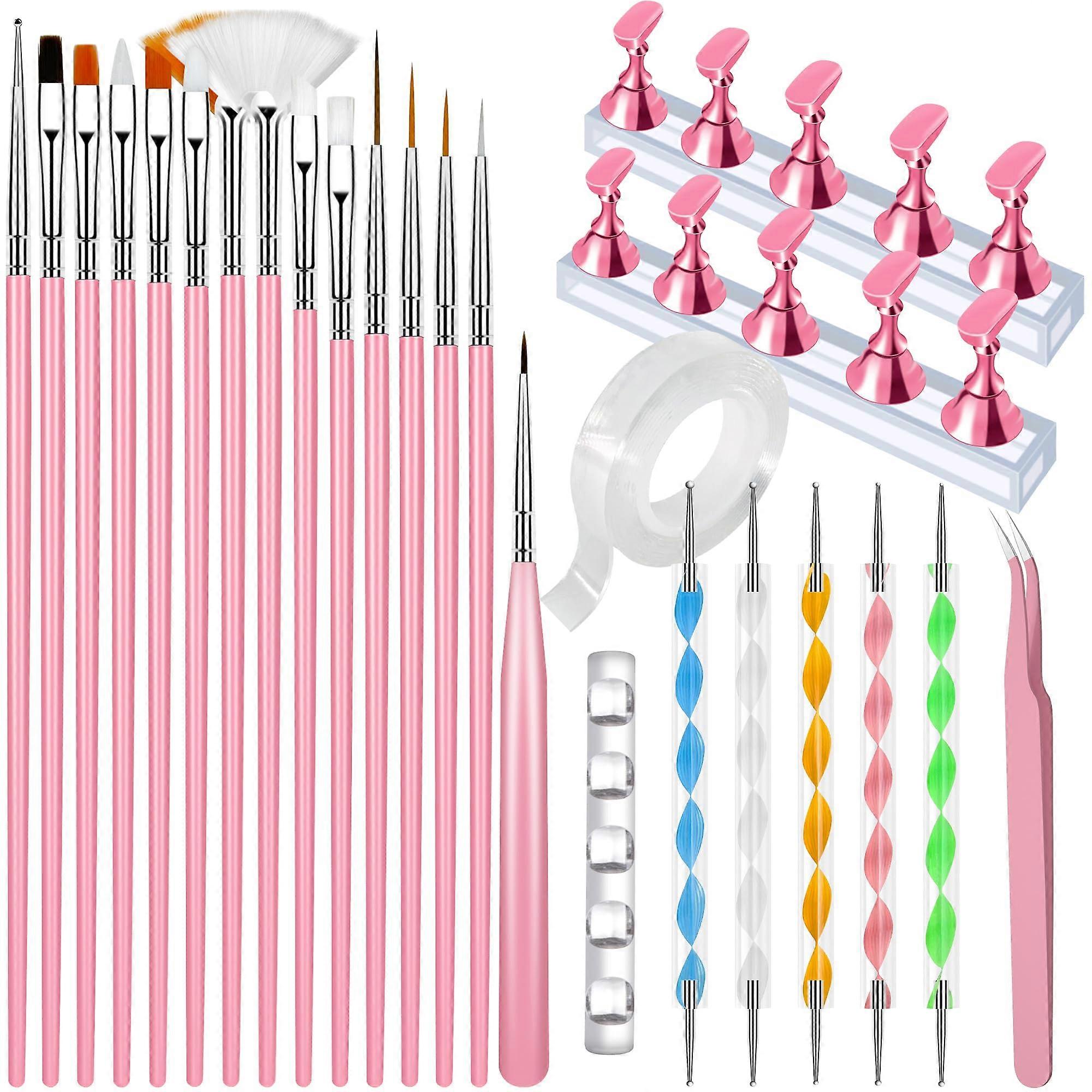 Nail Art Brush Set with Magnetic Stand and Dotting Tools for DIY and Salon Nail Design Pink
