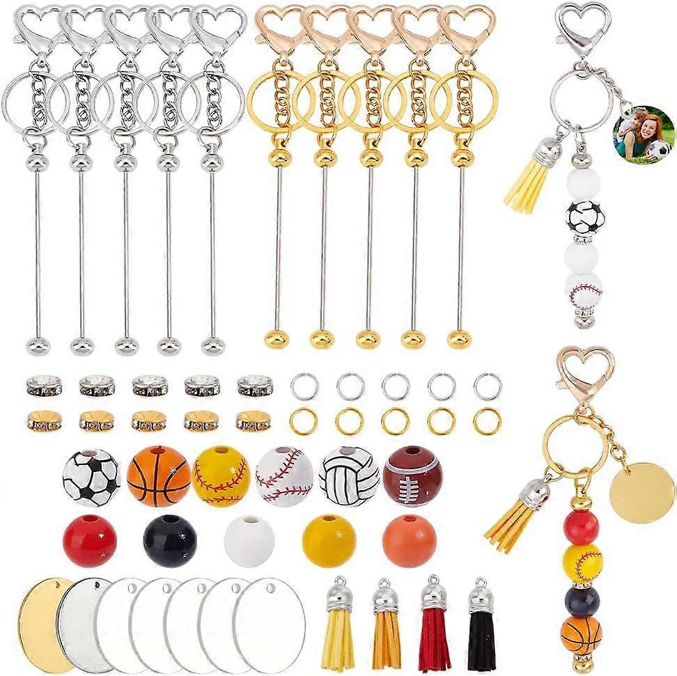 10 Sets Beadable Keychain Making Kit Sports Wooden Beads Kit for Keychain Pens Pendant with Tassels Lobster Clasps Iron Bar Split Key Rings for Jewelr