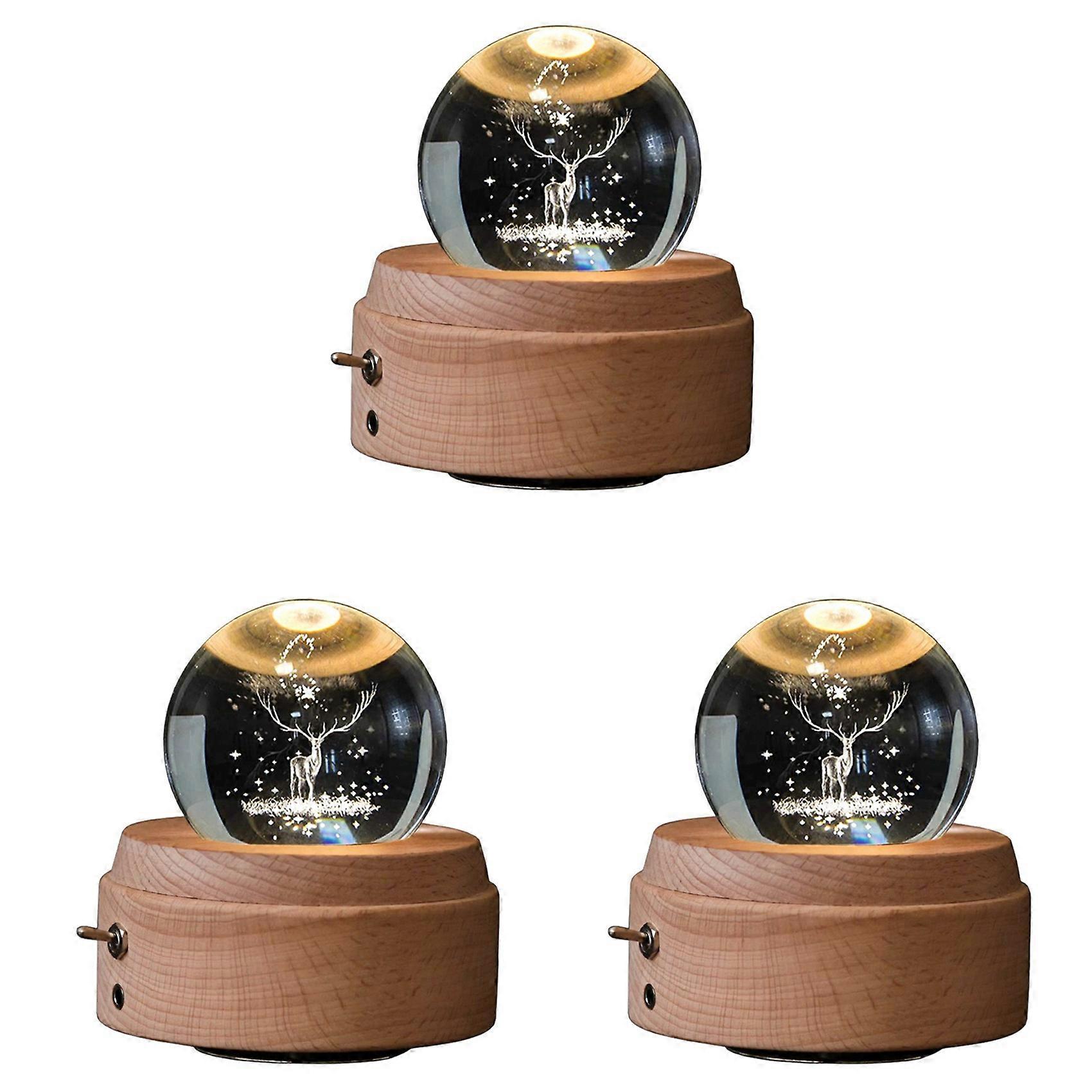3X 3D Crystal Ball Music Box the Deer Luminous Rotating Musical Box with Projection Led Light