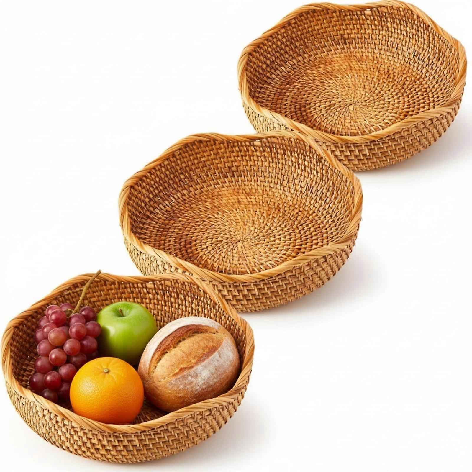 3 Pcs 10.2 Inch Rattan Serving Tray Set, Durable Wicker Bread Baskets for Kitchen and Countertop