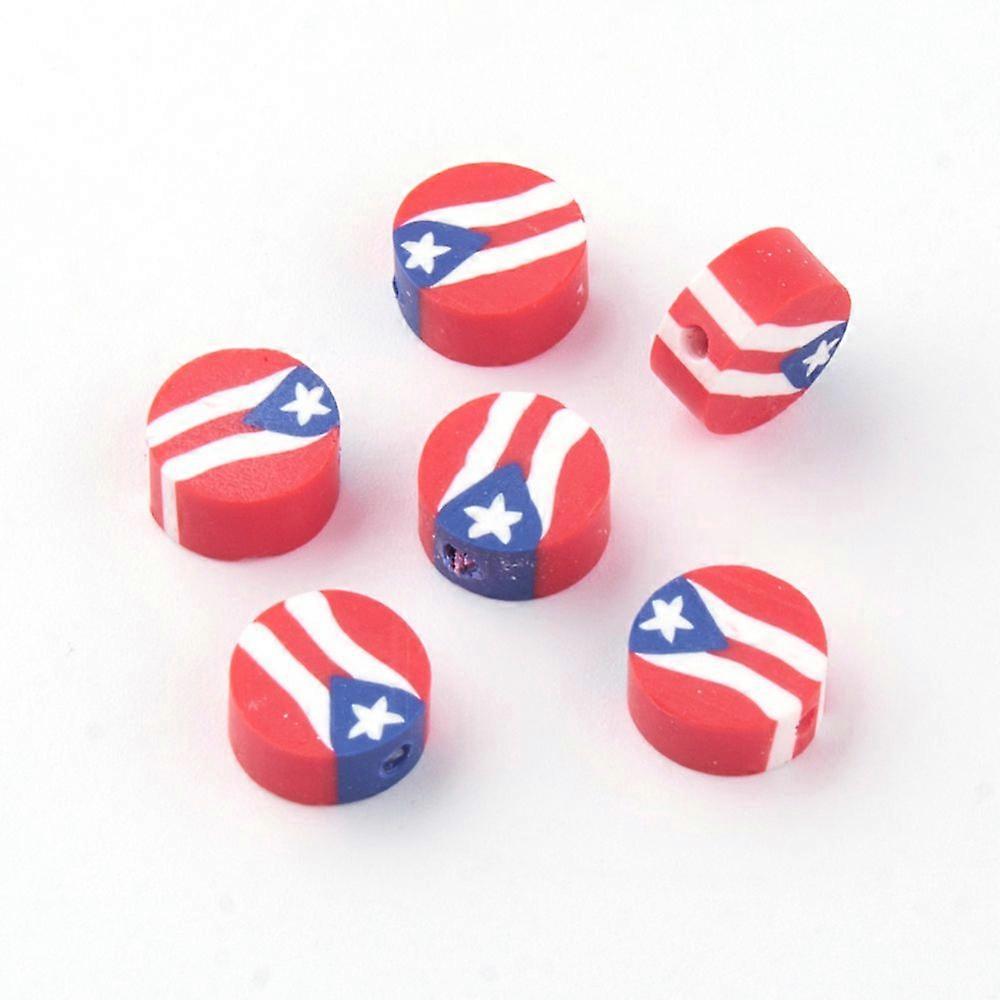 Handmade Polymer Clay Beads Flat Round Flag Red 9~10x4~5mm Hole: 2mm