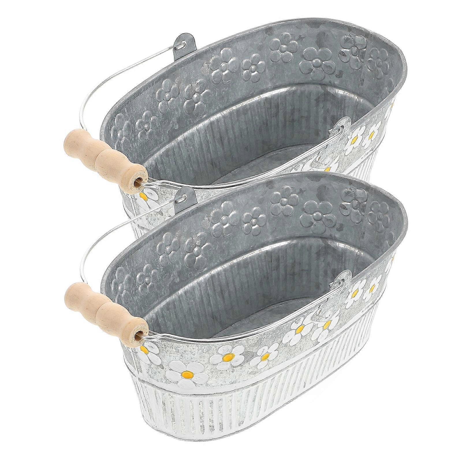 Flower Container Decor Iron Bucket for Decoration 2Pcs Silver Color
