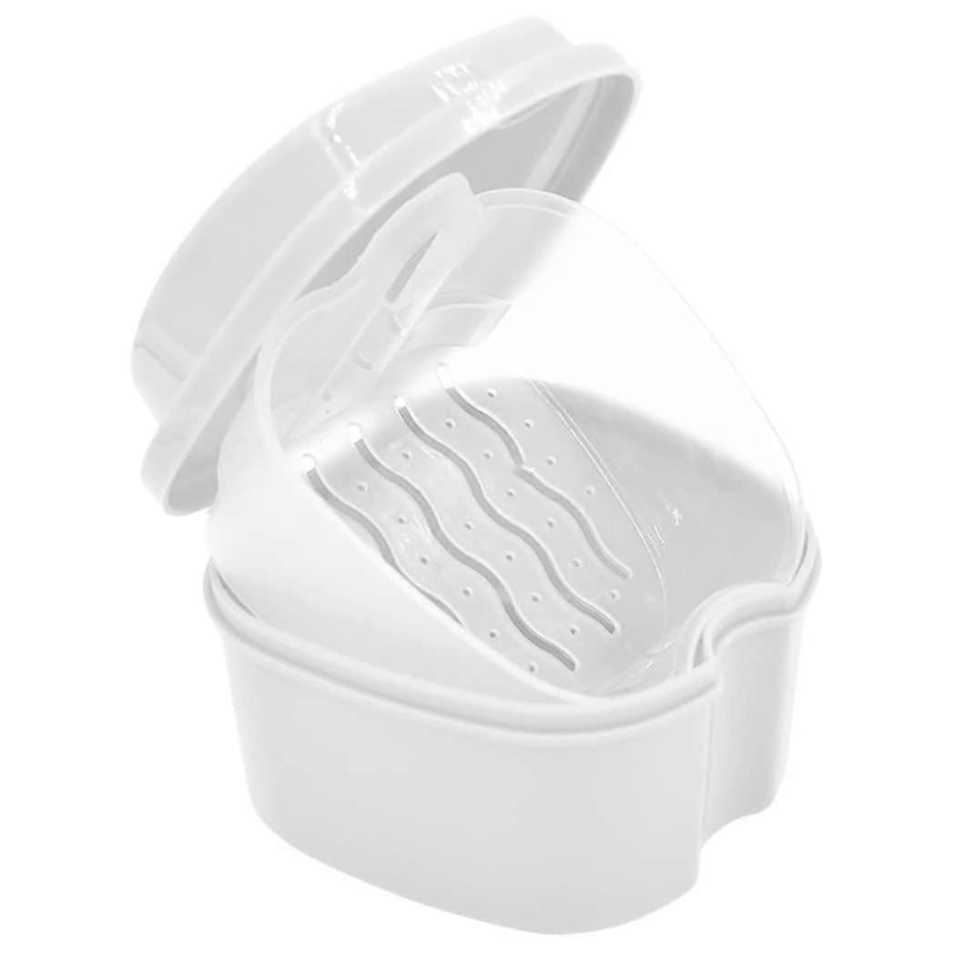 Denture Case with Detachable Rinsing Basket for False Teeth Cleaning and Retainer Storage White