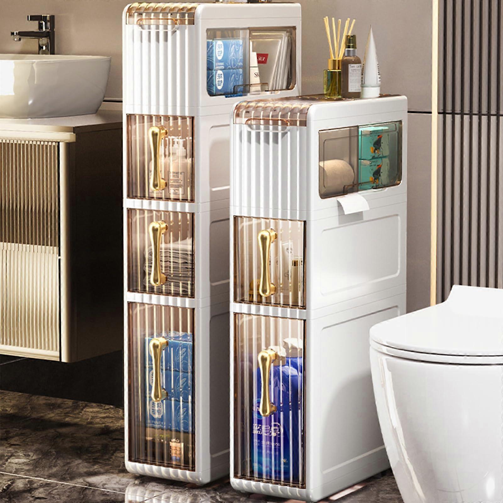 Slim Bathroom Storage Cabinet with Clear Drawers, Wheels, Waterproof for Small Space