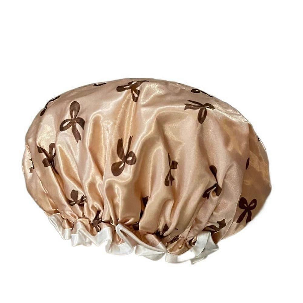 Waterproof Double Layer Shower Cap with Bow Pattern, Reusable Gold Bath Cap for Women and Men
