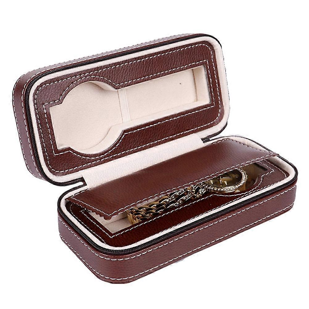 2 Grids Watch Storage Box Leather Zipper Portable Watch Case