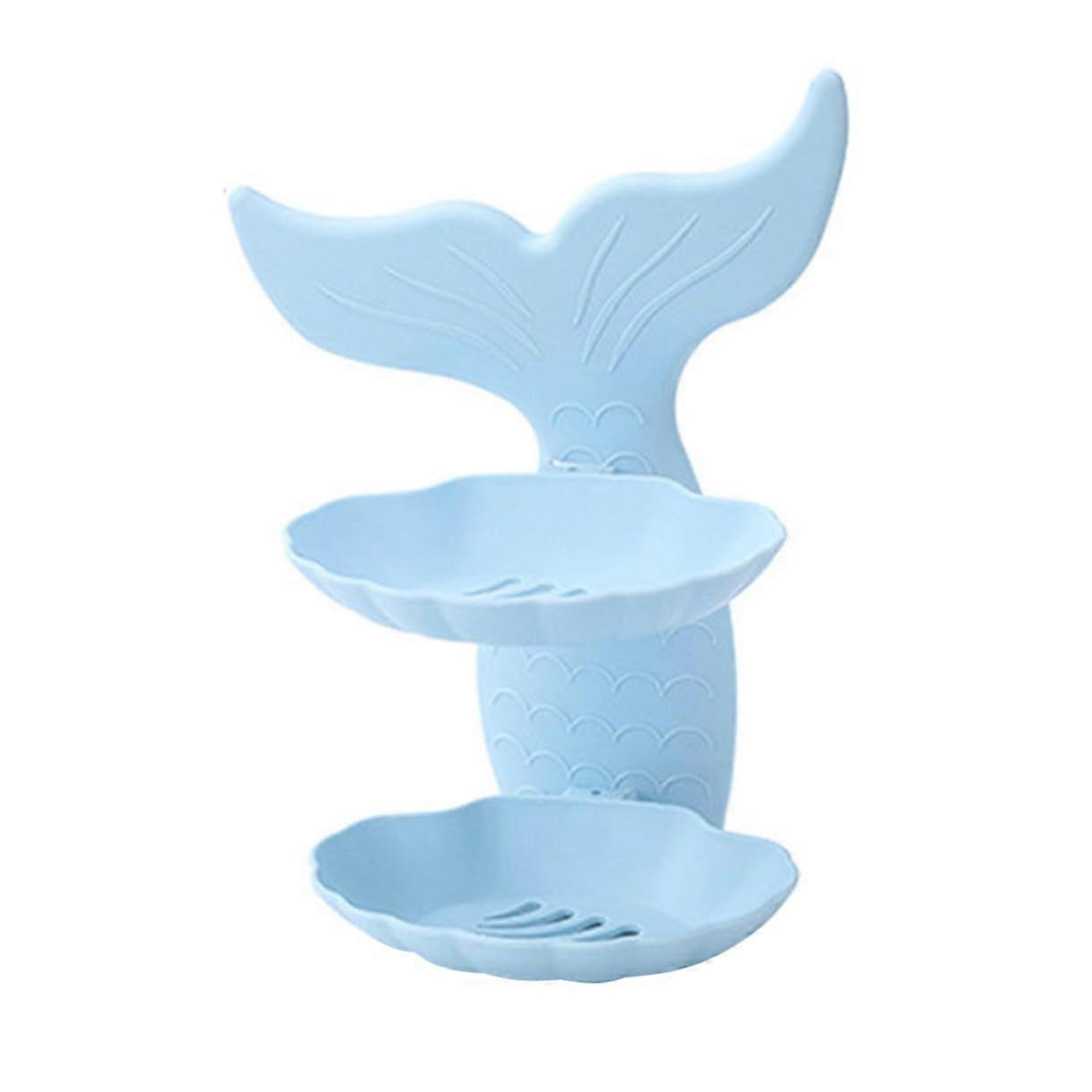 Wall Mounted Soap Dish Double Layer Self Adhesive Mermaid Tail Bathroom Shower Rack Blue