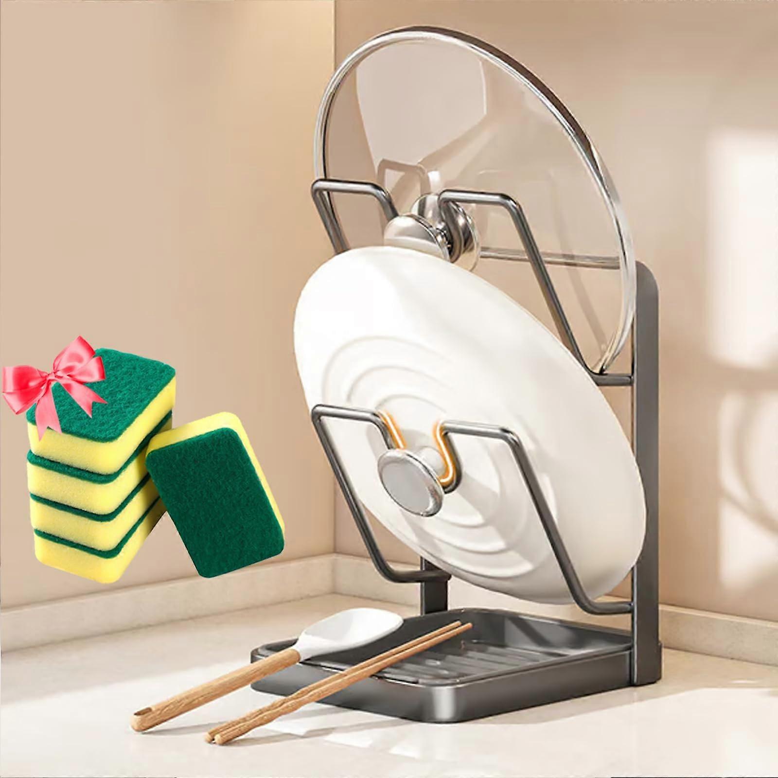 Pot Lid Holder with Spoon Rest, DoubleLayer Kitchen Lid Organizer Stand, SpaceSaving Countertop Storage