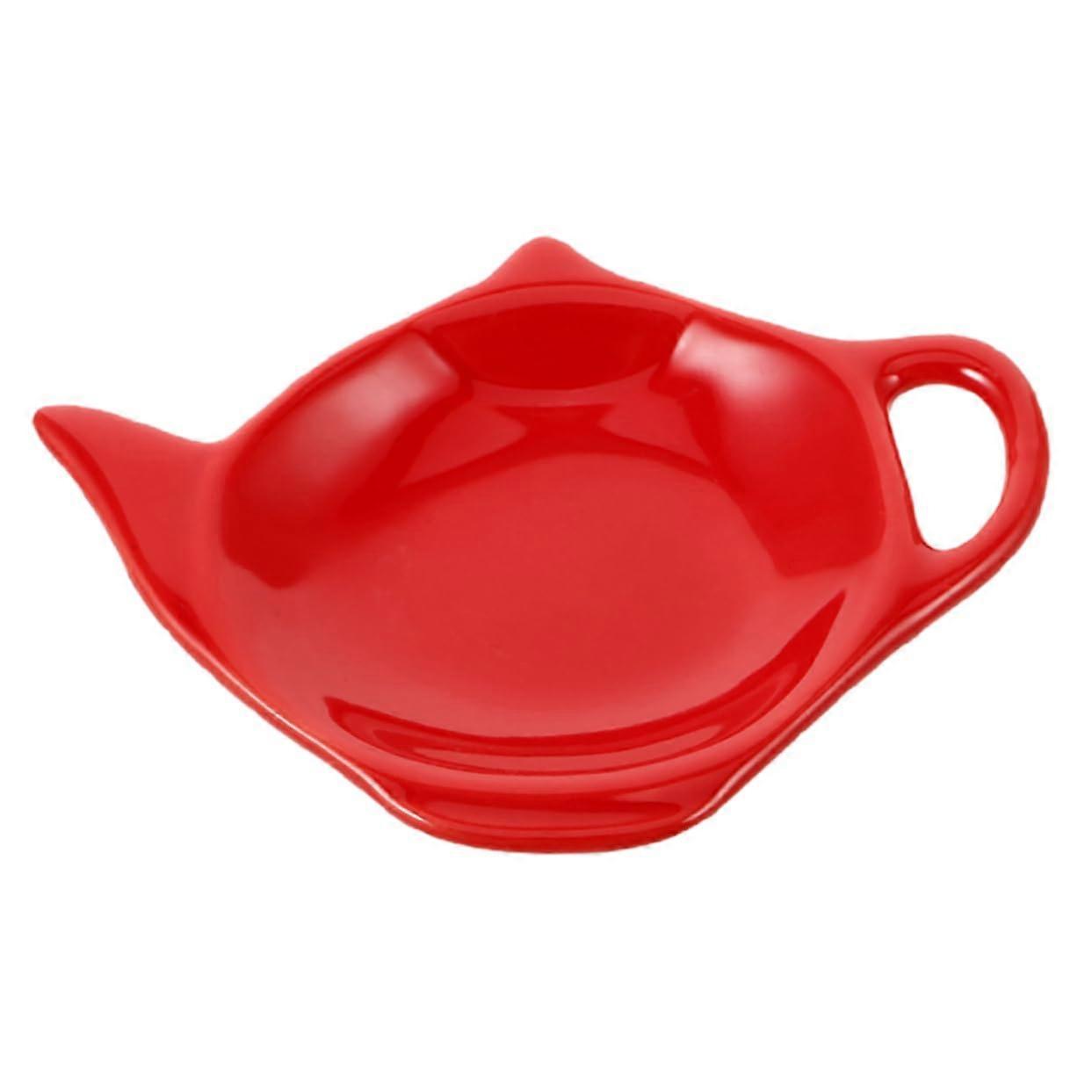Ceramic Teapot Shaped Tea Bag Holder and Spoon Rest Red Kitchen Accessory for Tea Parties