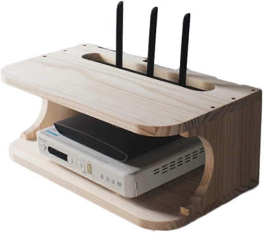 Wall Mounted Router Shelf Solid Wood Double Layer TV Box Holder with Hidden Cable Management