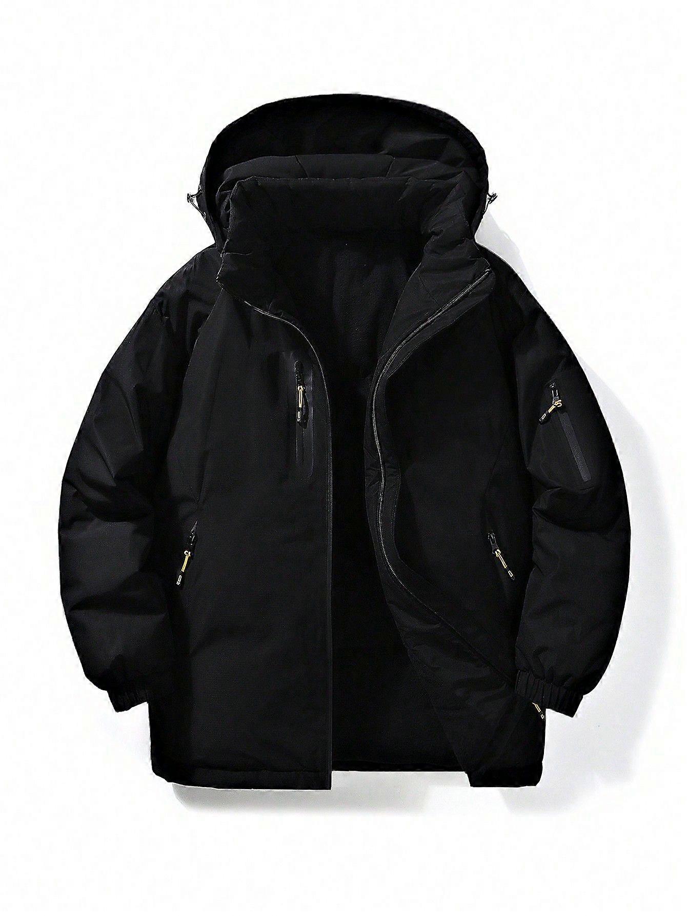 Men Zip Up Drawstring Hooded Winter Coat