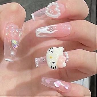 24pcs Lang Ballerina Coffin Fake Nail White Flame Print Tryk på negle fuld