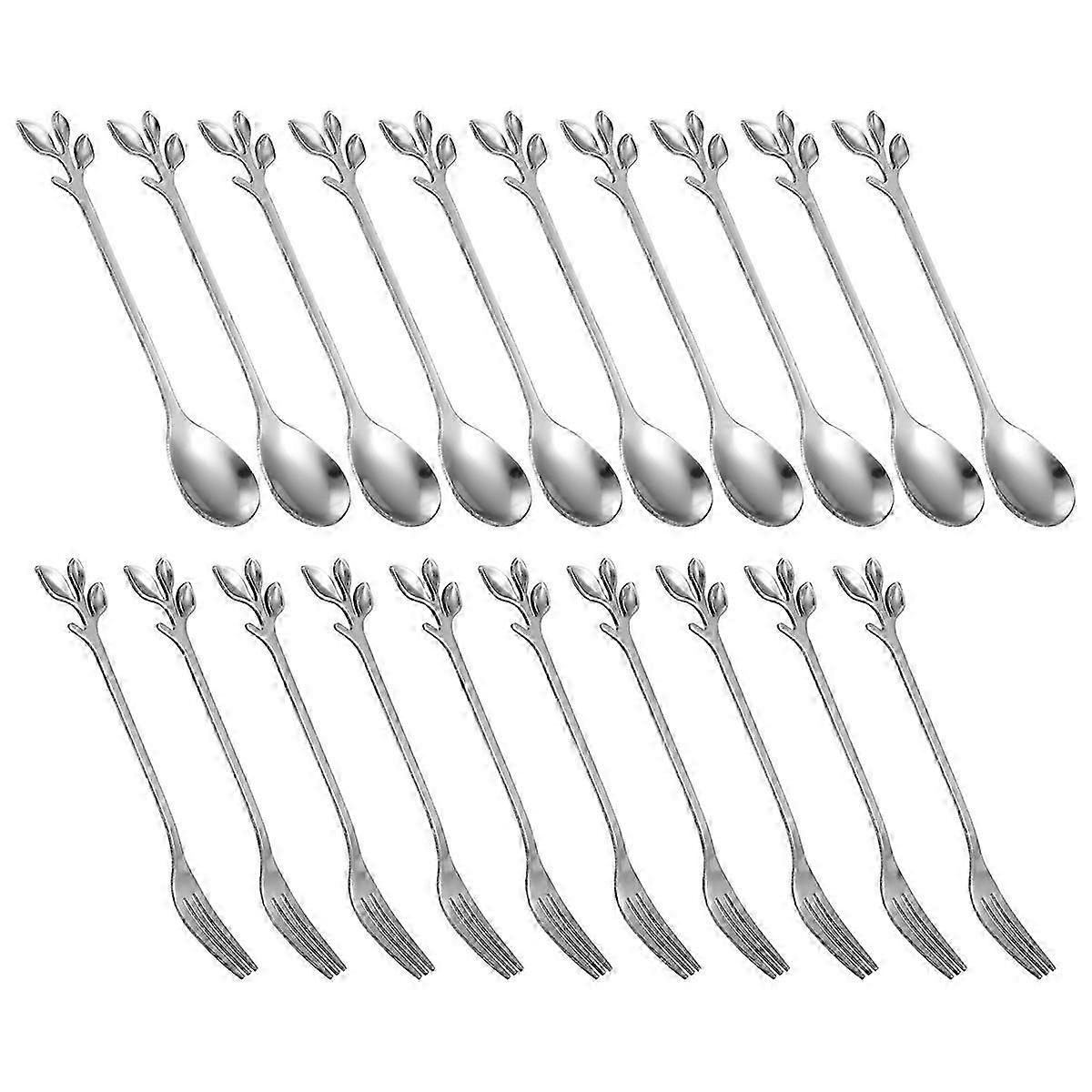 Dessert Spoon Fork Set,20 Pcs 4.7 Inch Cake Fork,Coffee Spoon,Creative Silver Leaf Fruit Fork,(10 Sp