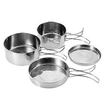 4Pcs Stainless Steel Portable Tableware Set Camping Picnic Outdoor Pan Pot Plate