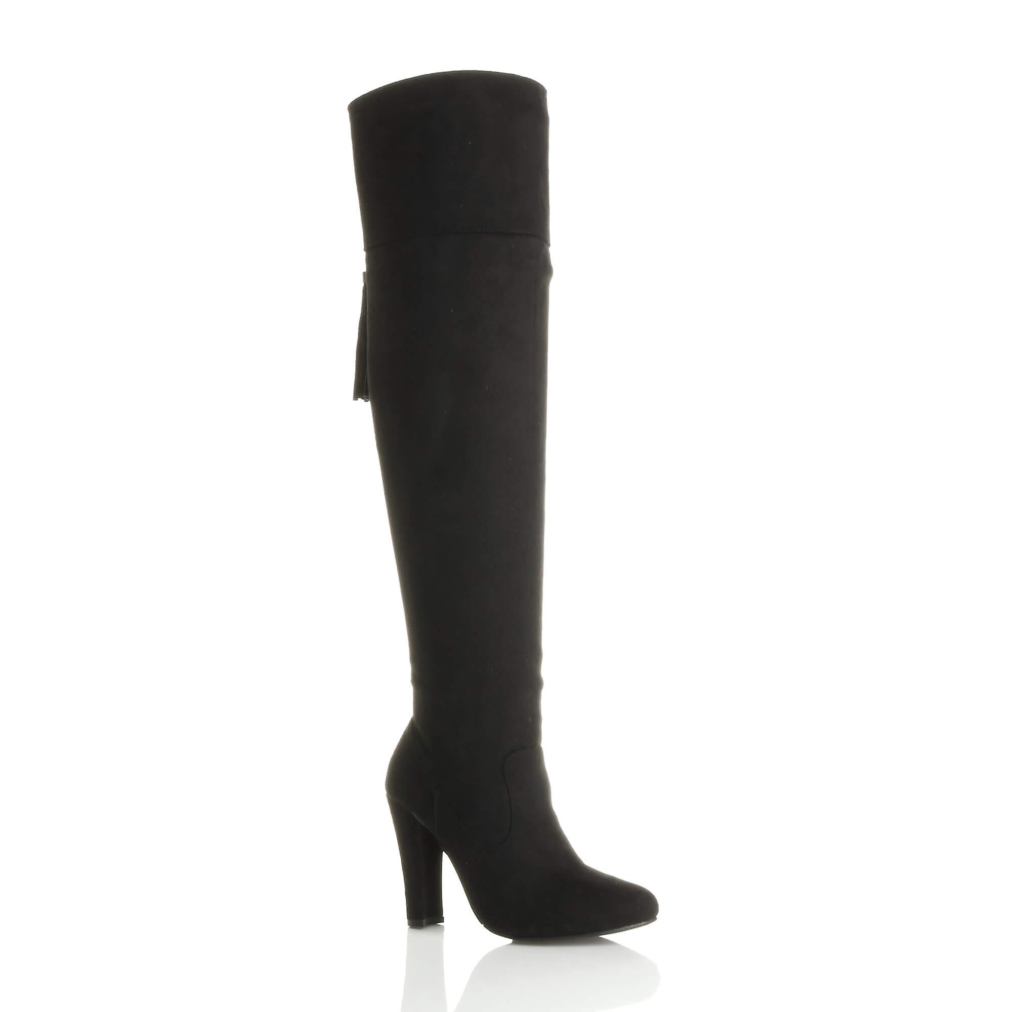 Ajvani womens block high heel tassel smart over the knee thigh high boots