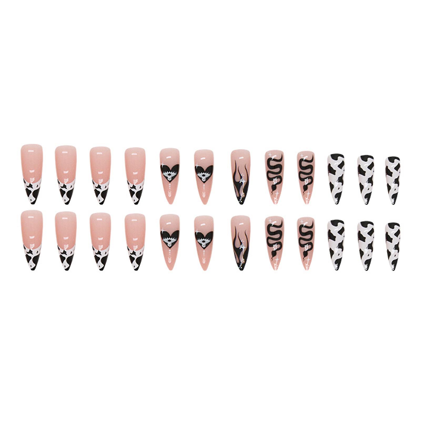 Cow-stripes Long Almond Fake Nails Ins Trendy Sweet Cool Patterns Nails