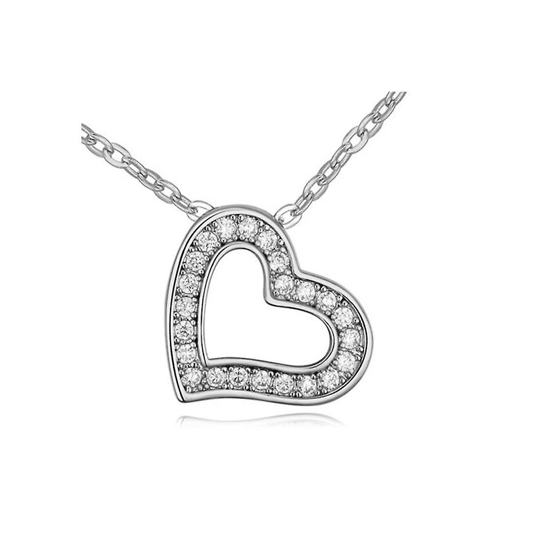 Womens Love Heart Pendant Necklace With Encrusted Crystal Stones Silver Tone BG1303