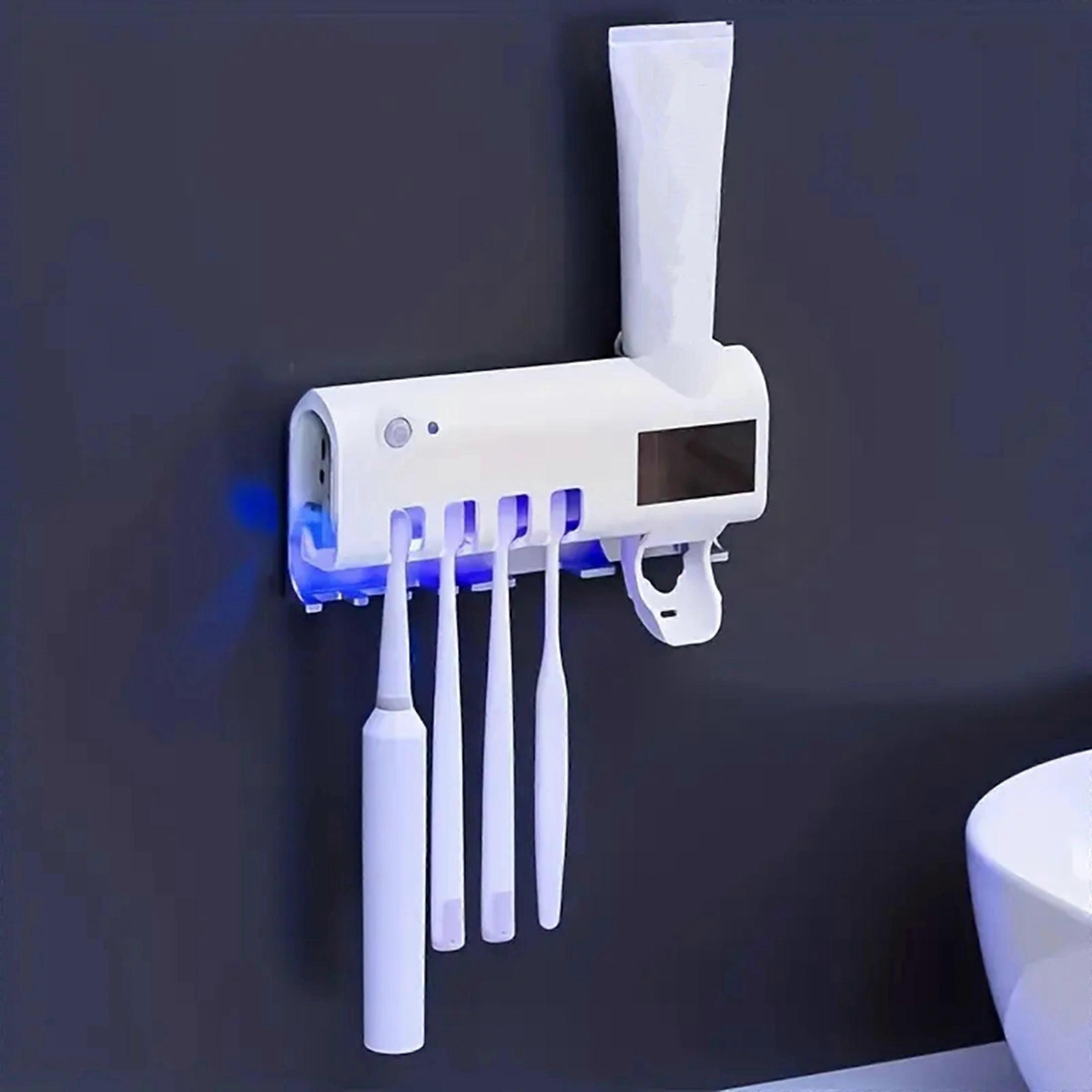 Wireless UV Toothbrush Sanitizer Holder Plus - 36V Rechargeable, USB Charging, Solar Powered, Wall Mount Sticker, Toothpaste Dispenser, Sterilizer, an